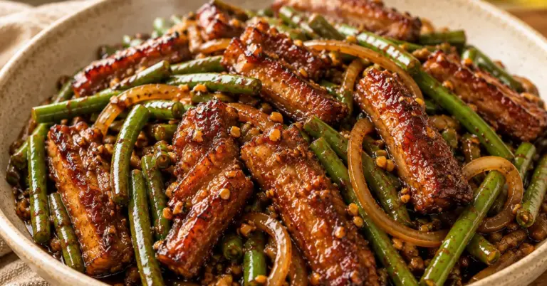 Speklapjes met Sperziebonen in Ketjapsaus met rijst