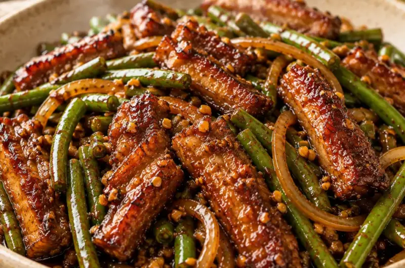 Speklapjes met Sperziebonen in Ketjapsaus