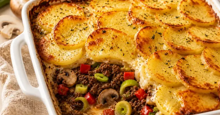 Gehakt-aardappelschotel met prei, paprika en champignons