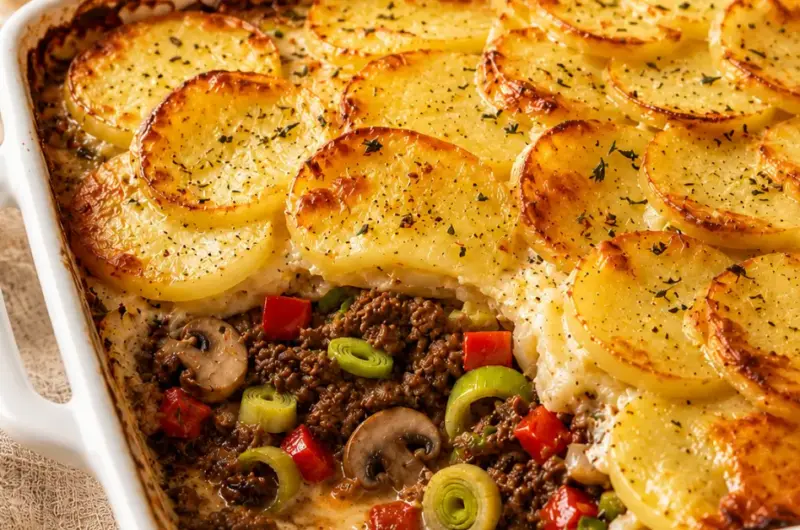 Gehakt-aardappelschotel met prei, paprika en champignons