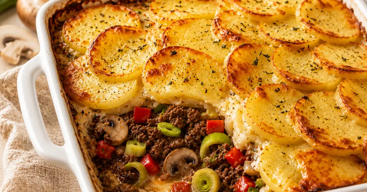 Gehakt-aardappelschotel met prei, paprika en champignons