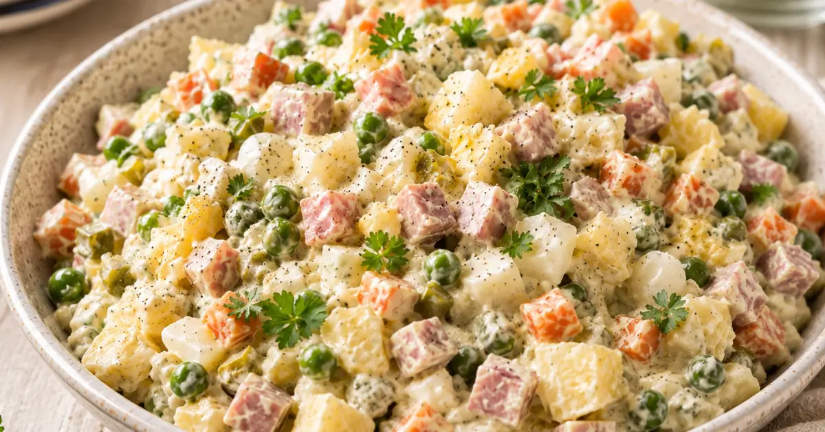 Klassieke Huzarensalade met aardappel, wortel, ei en ham