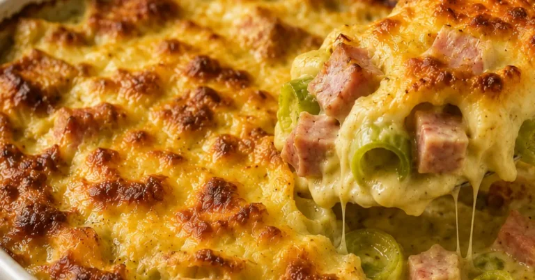 Prei-ovenschotel met ham en kerrie-roomsaus in een ovenschaal