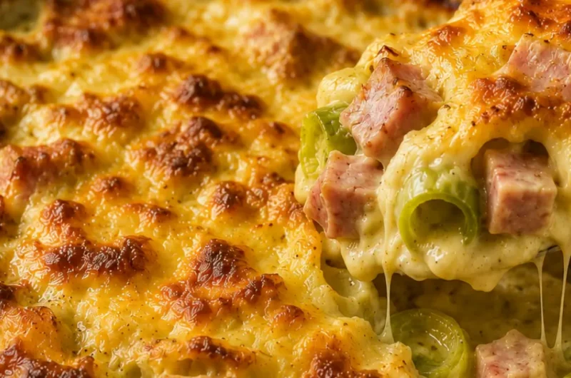 Prei-ovenschotel met ham en kerrie-roomsaus