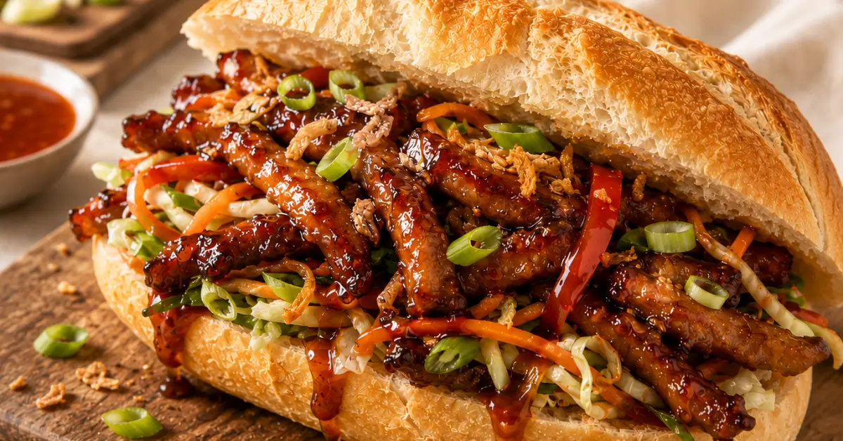 Babi Pangang Broodje met varkenshaas en zoetzure saus
