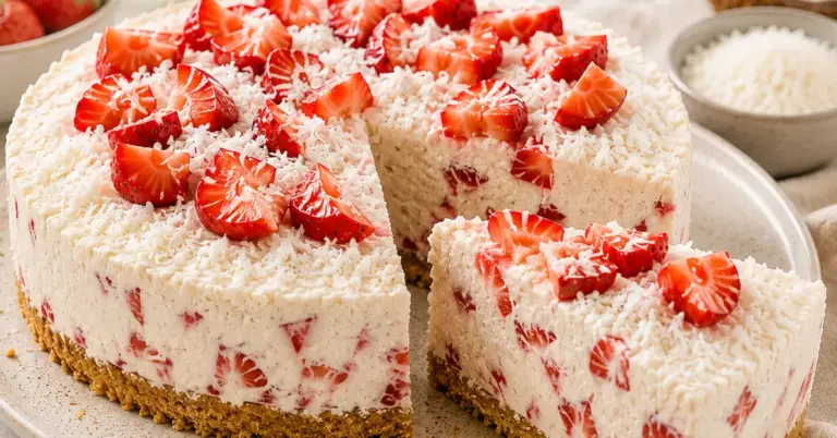 Aardbeien Kokos Monchoutaartje met verse aardbeien en kokos