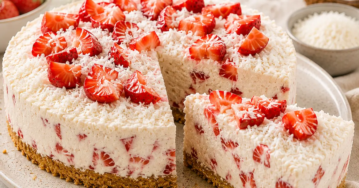 Aardbeien Kokos Monchoutaartje met verse aardbeien en kokos