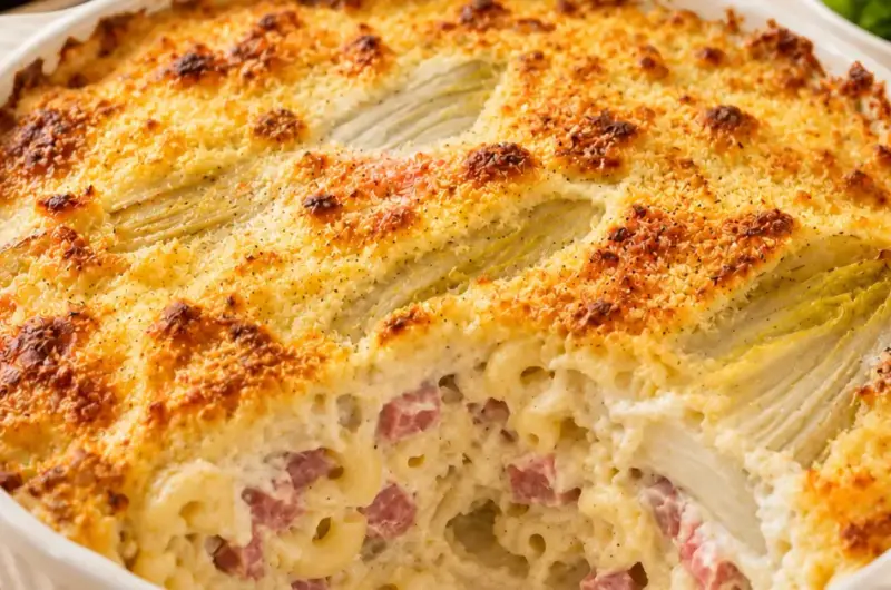 Macaroni-witlofschotel met ham en kaas