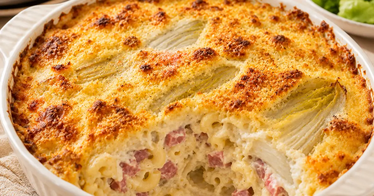 Macaroni-witlofschotel met ham en kaas uit de oven