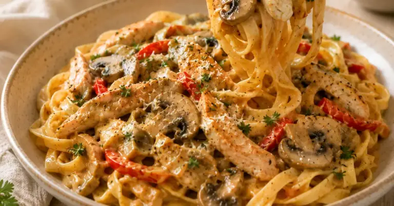 Romige kip stroganoff met tagliatelle, champignons en paprika