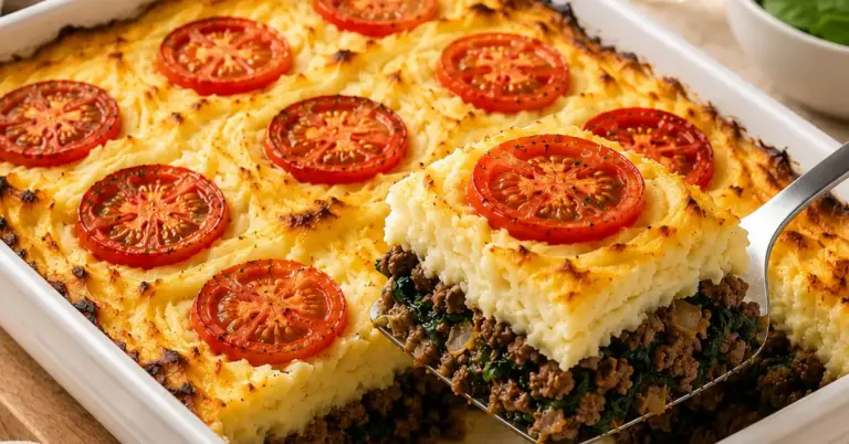 Gehakt-ovenschotel met spinazie en tomaat in een ovenschaal
