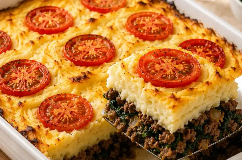 Gehakt-ovenschotel met spinazie en tomaat