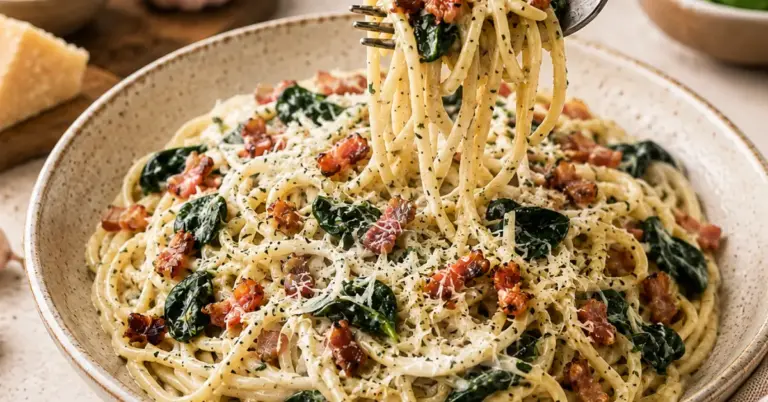 Spaghetti met Boursin en spekjes met spinazie en Parmezaanse kaas