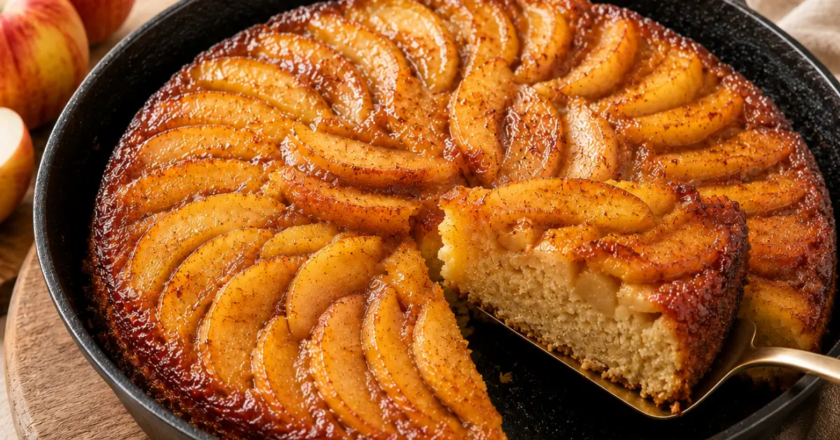 Appeltaart uit de koekenpan van dichtbij op het bord