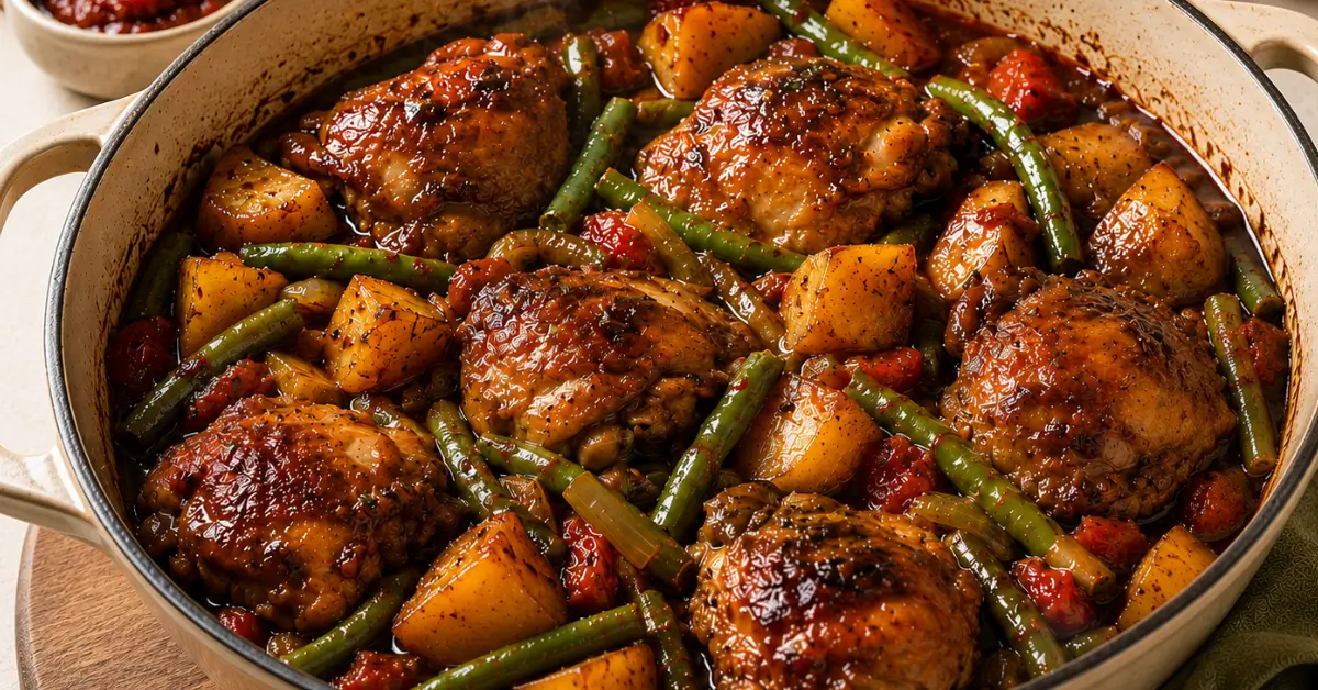 Surinaamse Kip met aardappel en sperziebonen in ketjapsaus