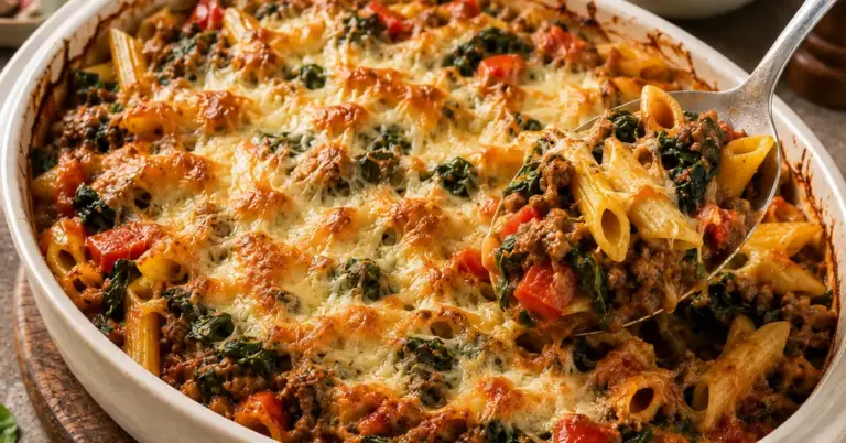 Spinazie-pasta ovenschotel met gehakt en kaas uit de oven