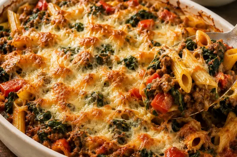 Spinazie-pasta ovenschotel met gehakt en kaas