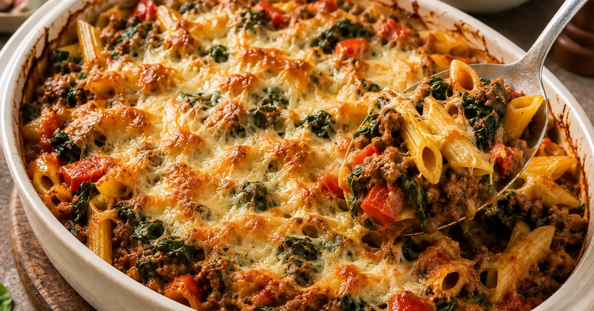 Spinazie-pasta ovenschotel met gehakt en kaas uit de oven