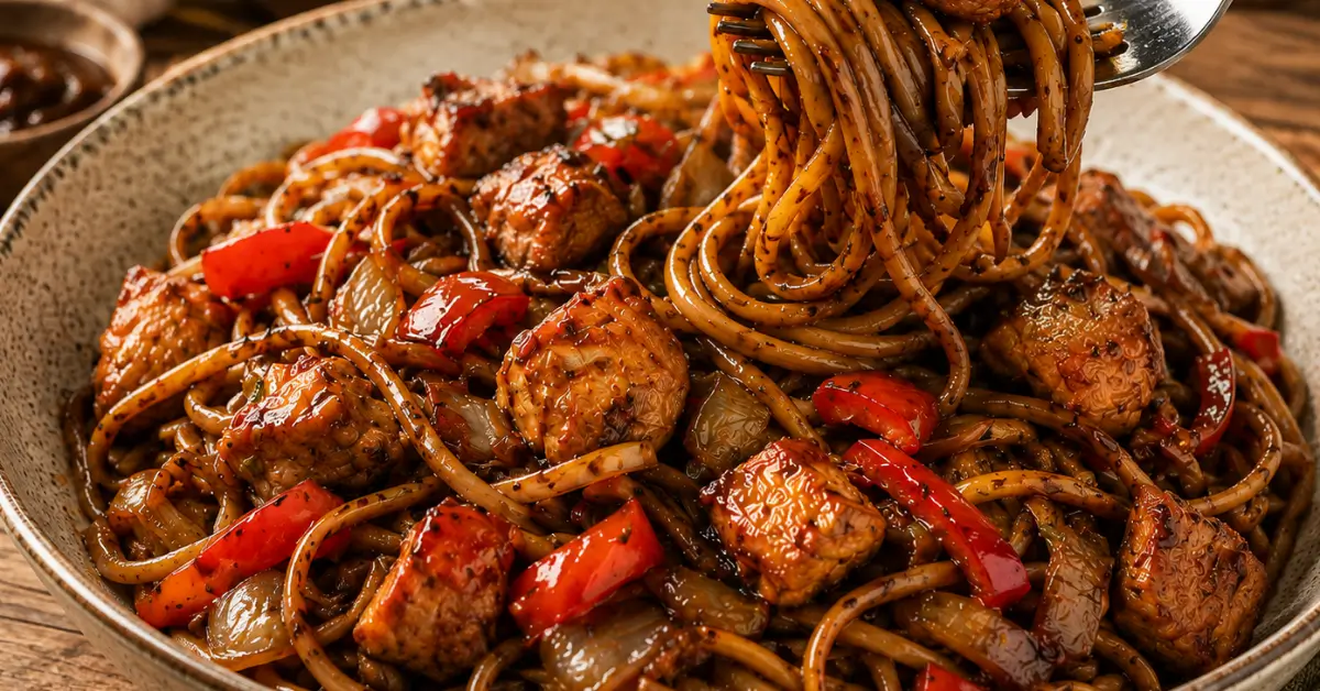 Indonesische Pasta met Kip met paprika en ketjap