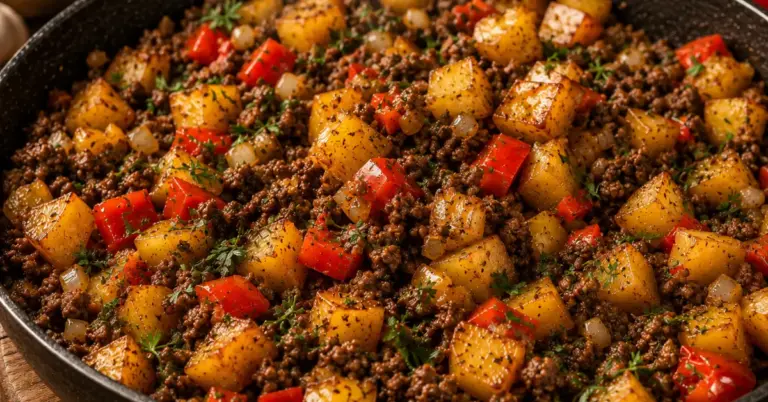Hollandse Boerenpan met gehakt, paprika en krokante aardappel