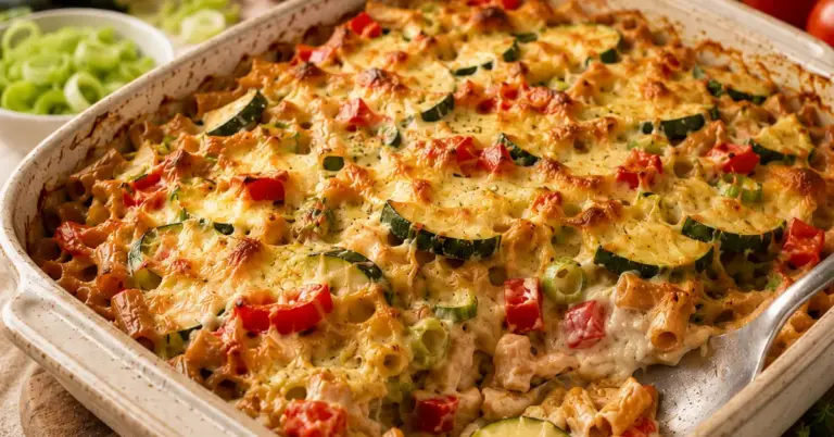 Volkorenmacaroni ovenschotel met groenten en kaas uit de oven