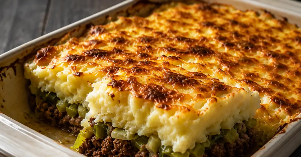 Prei gehakt ovenschotel met romige puree en goudbruine kaas