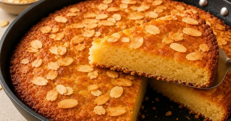Boterkoek uit de Koekenpan met goudbruine bodem en amandelschaafsel