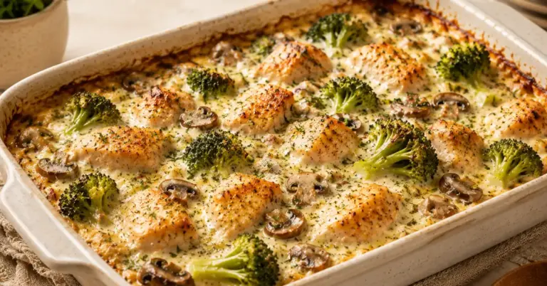 Kip-Boursin Ovenschotel met Broccoli en Champignons met goudbruine kaas