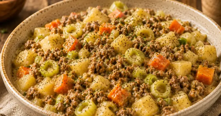 Gehakt- en Aardappelschotel met prei, wortel en romige kaas