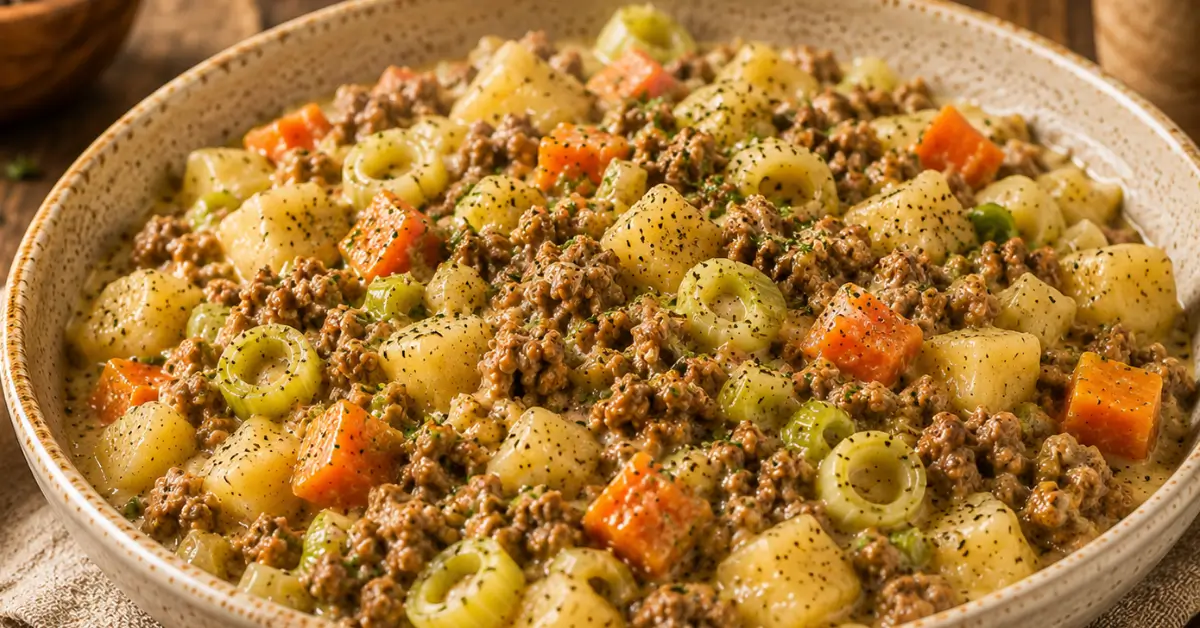 Gehakt- en Aardappelschotel met prei, wortel en romige kaas