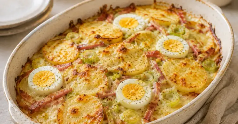 Ovenschotel met Prei, Ham en Gekookt Ei met goudbruine kaas
