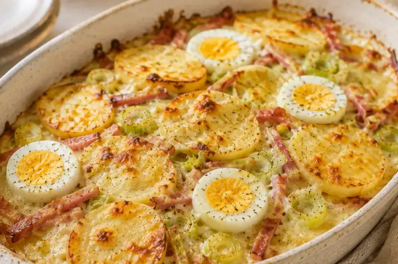 Ovenschotel met Prei, Ham en Gekookt Ei