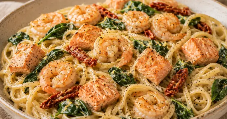 Romige Zalmpasta met Garnalen en Spinazie in een diep bord