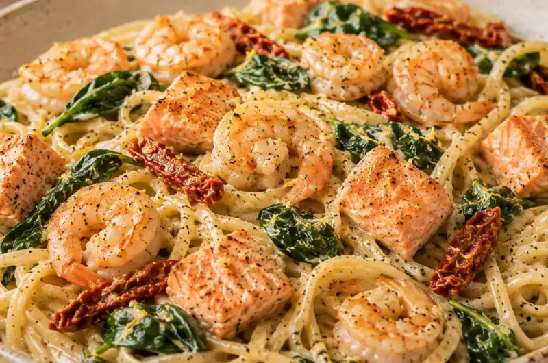 Romige Zalmpasta met Garnalen en Spinazie