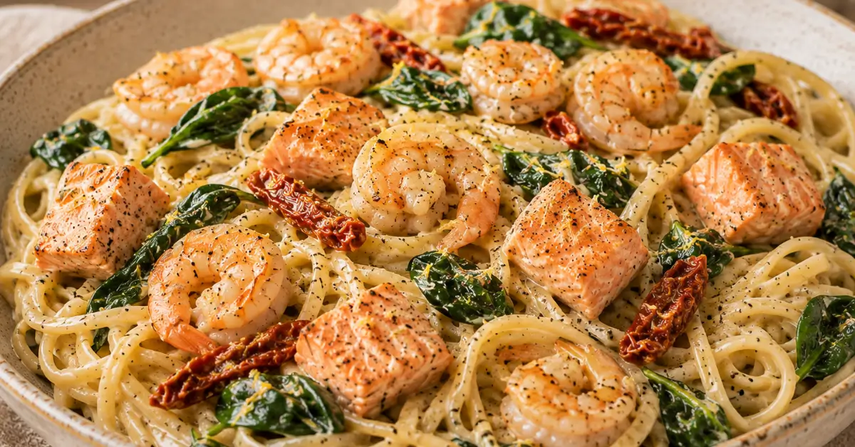 Romige Zalmpasta met Garnalen en Spinazie in een diep bord