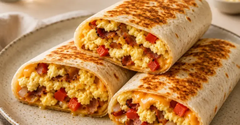 Ontbijt-wrap met ei, spek en kaas op een bord