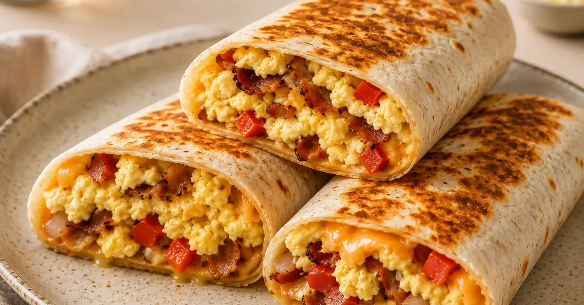 Ontbijt-wrap met ei, spek en kaas op een bord