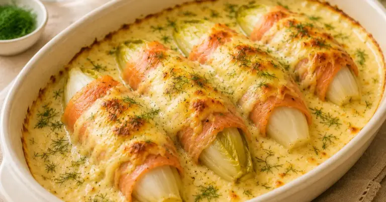 Romige ovenschotel met witlof en gerookte zalm met kaas en dille