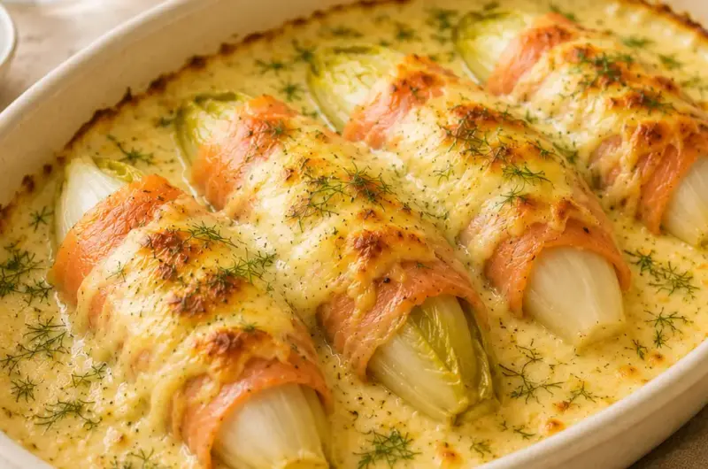 Romige ovenschotel met witlof en gerookte zalm