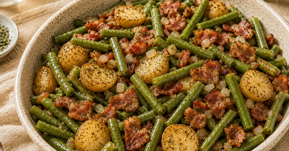 Groene Bonen en Aardappelen met Country Ranch-Bacon in een koekenpan