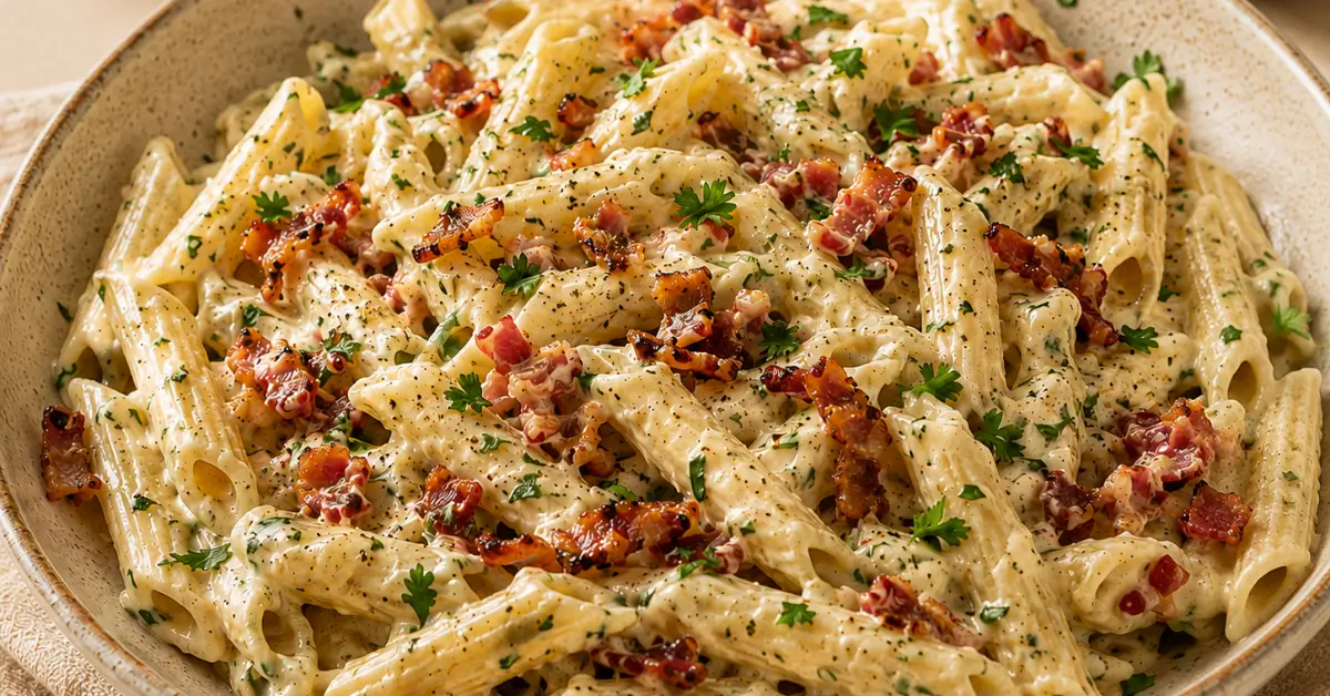 Pasta Boursin met spekjes in een diep bord