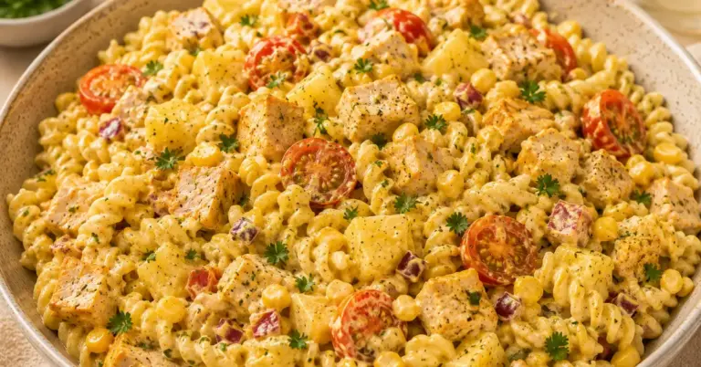 Pastasalade met gerookte kip, ananas en kerrie