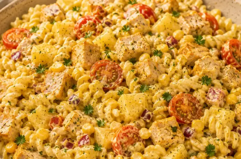 Pastasalade met gerookte kip, ananas en kerrie