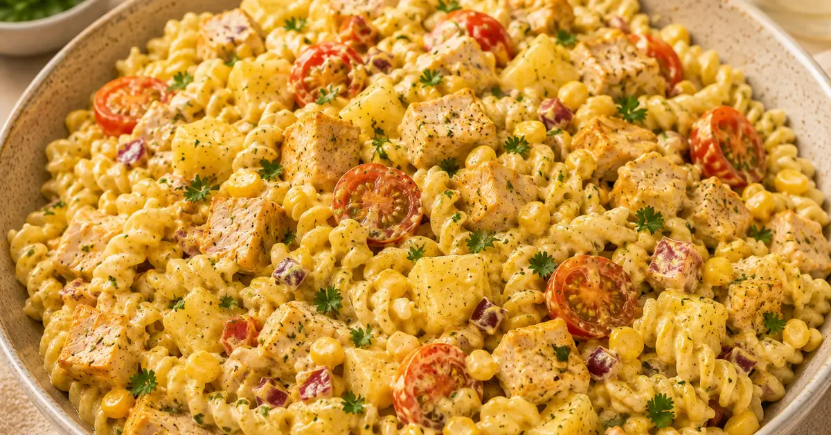 Pastasalade met gerookte kip, ananas en kerrie