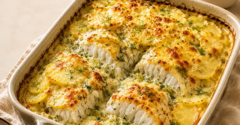 Kabeljauw-ovenschotel met aardappel en romige dillesaus