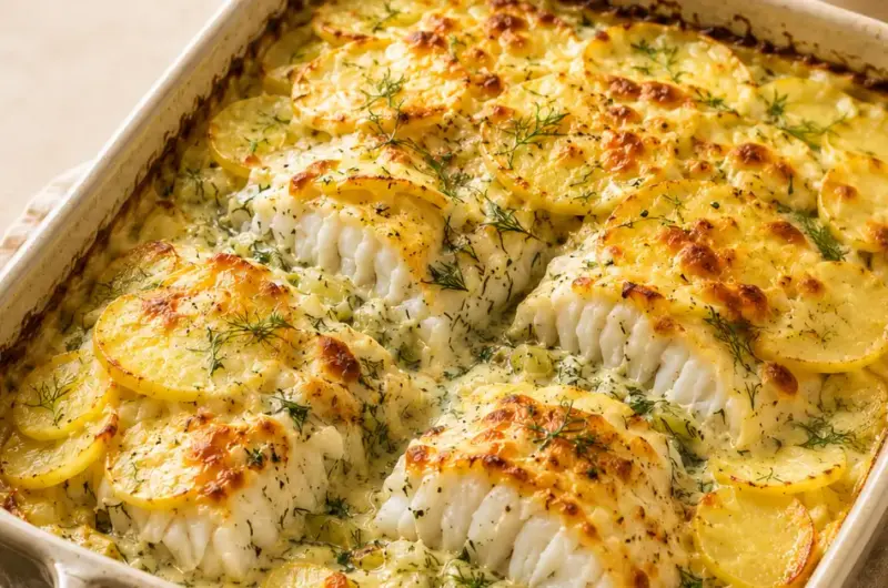 Kabeljauw-ovenschotel met aardappel en romige dillesaus