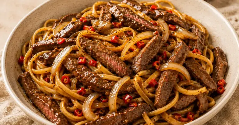 Snelle ossenhaas met Aziatische saus en linguine op een bord