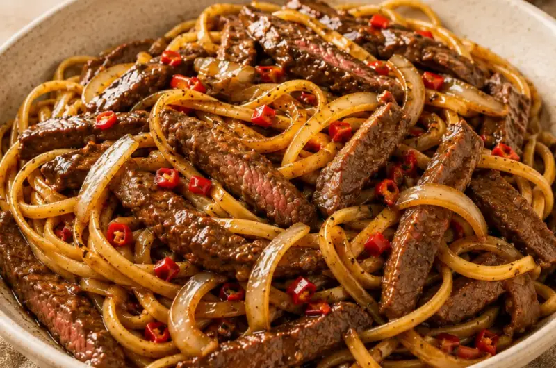 Snelle Ossenhaas met Aziatische Saus en Linguine
