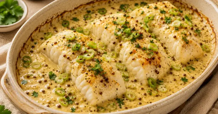 Ovenschoteltje met Kabeljauw in Mosterdroomsaus uit de oven