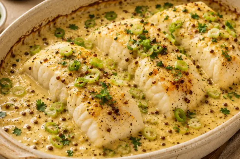 Ovenschoteltje met Kabeljauw in Mosterdroomsaus
